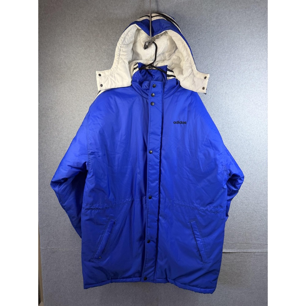 Adidas Parka Coat Mens XL Blue Hooded Insulated Full Zip Big Logo Winter Nylon